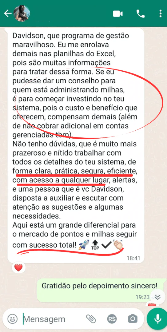Depoimento de assinante no WhatsApp